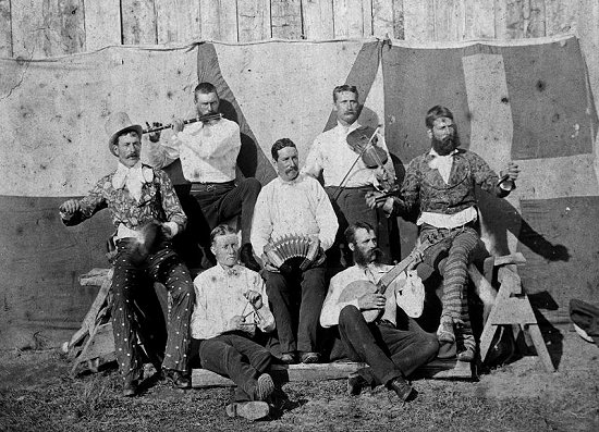 Soldiers in a Christy minstrel troupe, Opunake New Zealand, 1876